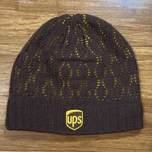 UPS Logo Embroidered Cut Out Lace Knit Beanie Skull Cap Brown Gold OSFM